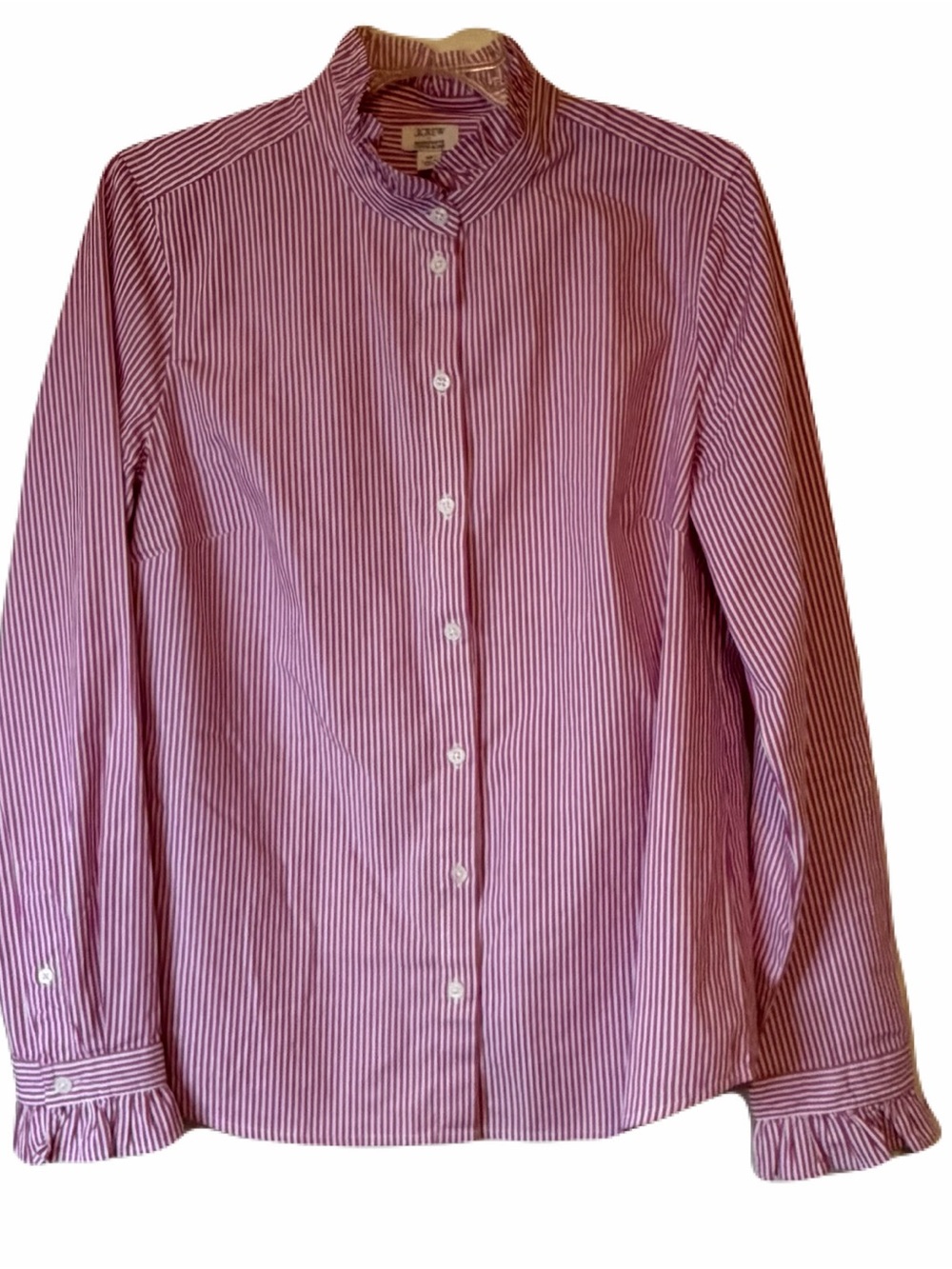J. Crew Pink and White Striped Shirt Ruffle Trim size M